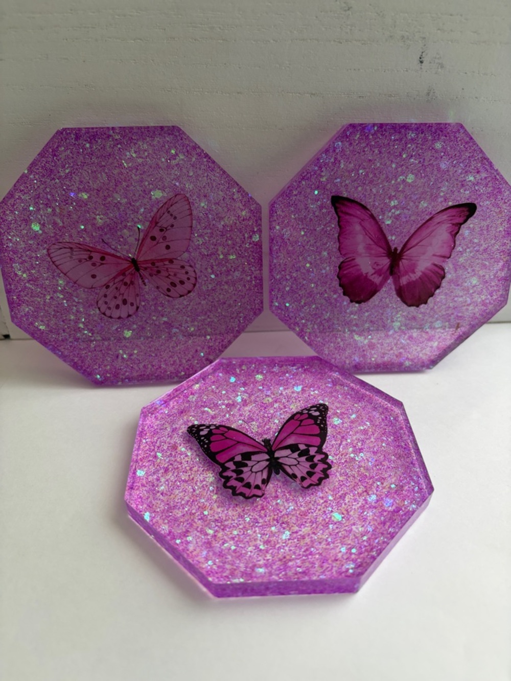 Handmade Purple Glitter Butterfly Coasters - Set of 5 - Picture 6 of 9